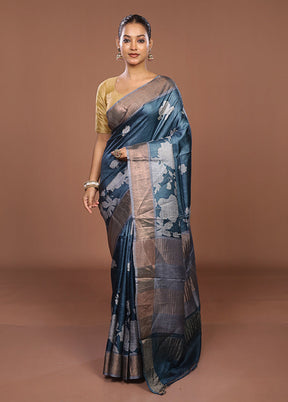 Blue Tussar Silk Saree With Blouse Piece
