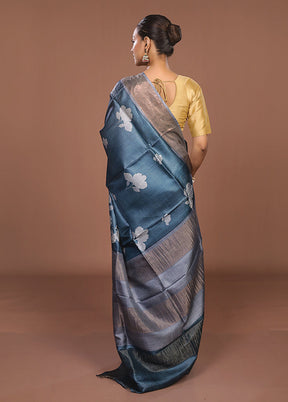 Blue Tussar Silk Saree With Blouse Piece