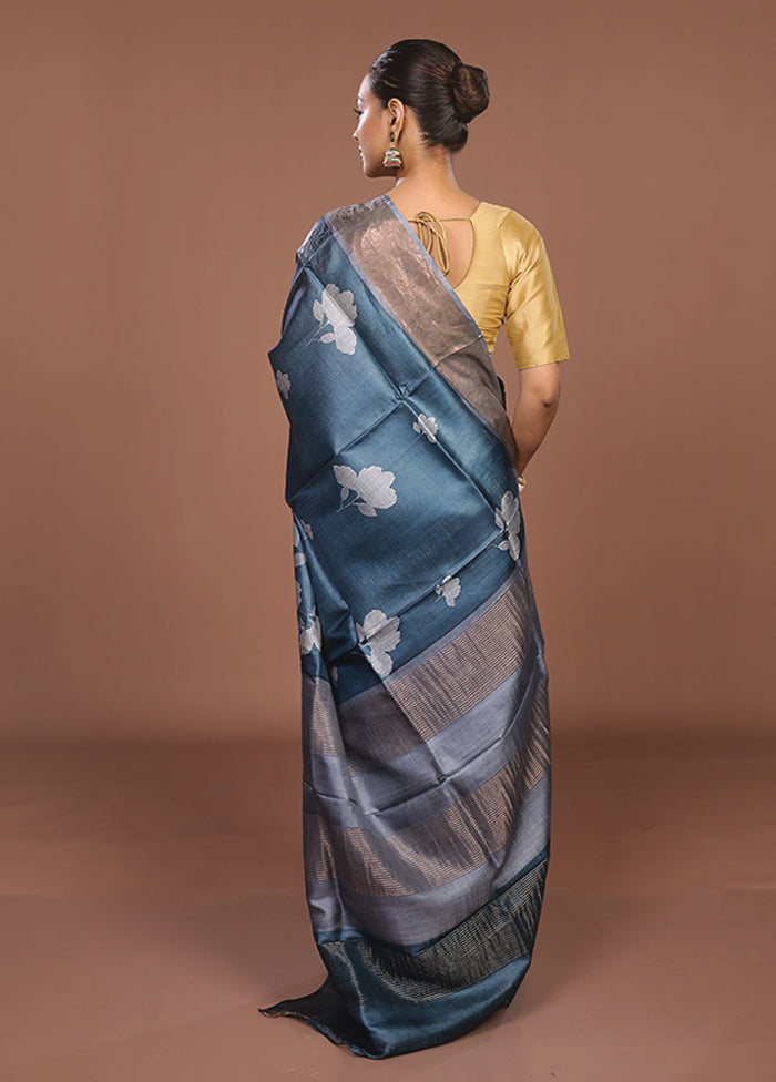 Blue Tussar Silk Saree With Blouse Piece