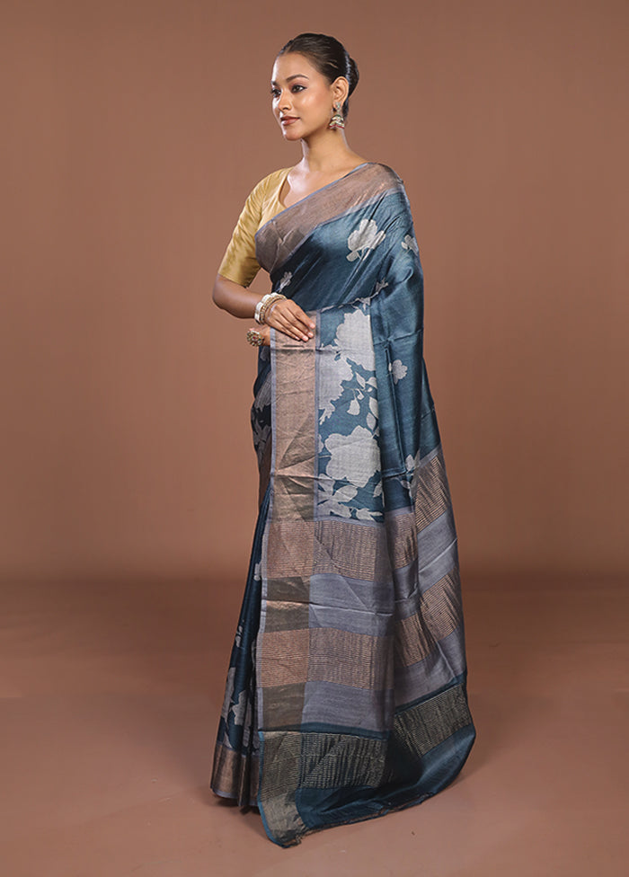 Blue Tussar Silk Saree With Blouse Piece
