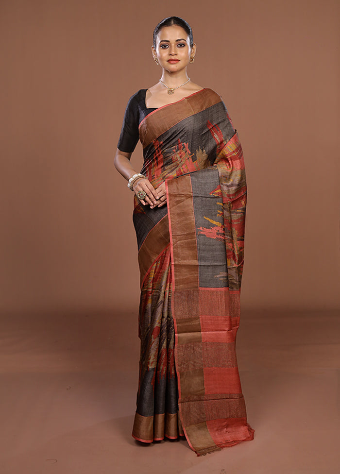 Grey Tussar Silk Saree With Blouse Piece