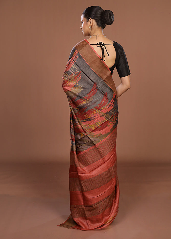 Grey Tussar Silk Saree With Blouse Piece