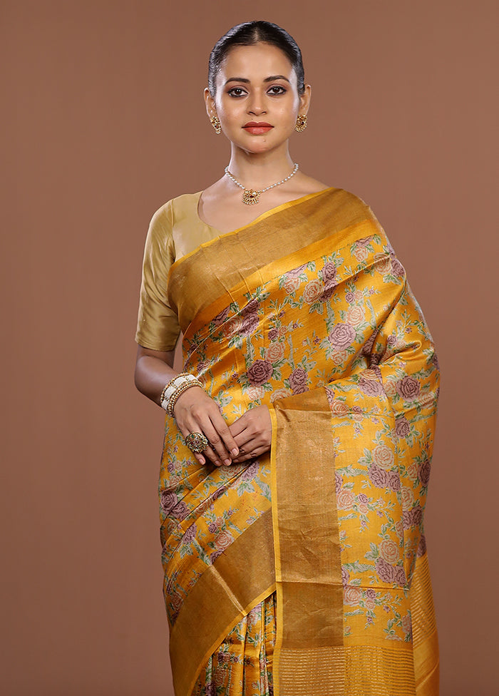 Yellow Tussar Silk Saree With Blouse Piece