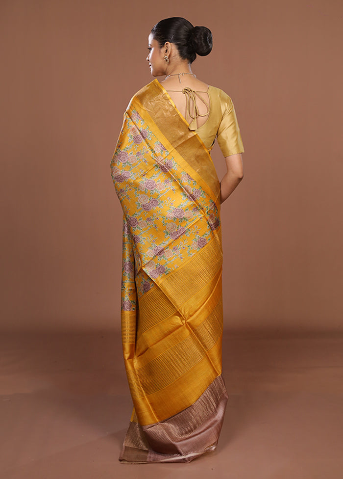 Yellow Tussar Silk Saree With Blouse Piece