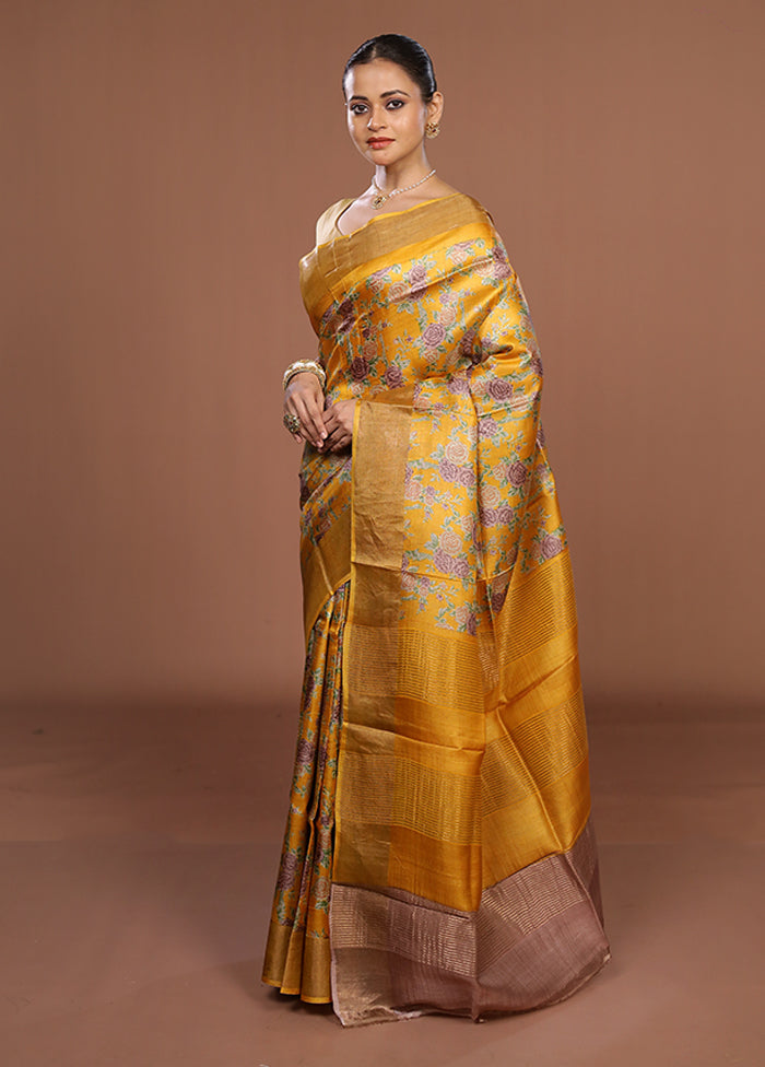 Yellow Tussar Silk Saree With Blouse Piece