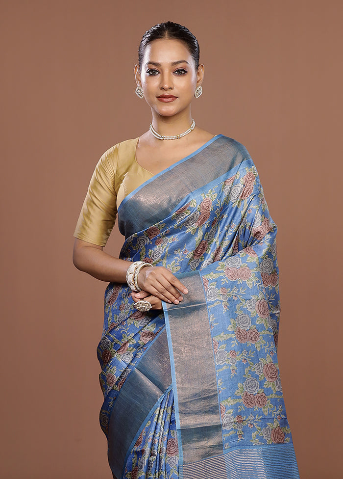 Blue Tussar Silk Saree With Blouse Piece