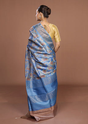 Blue Tussar Silk Saree With Blouse Piece