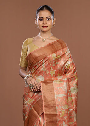 Pink Tussar Silk Saree With Blouse Piece