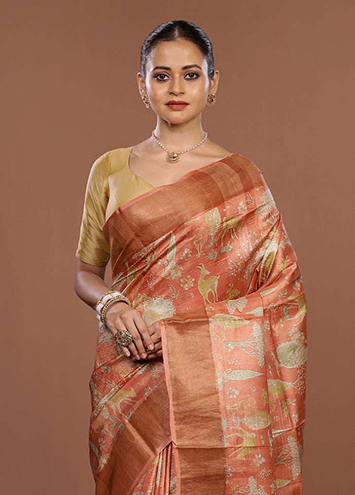 Pink Tussar Silk Saree With Blouse Piece