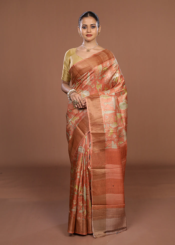 Pink Tussar Silk Saree With Blouse Piece