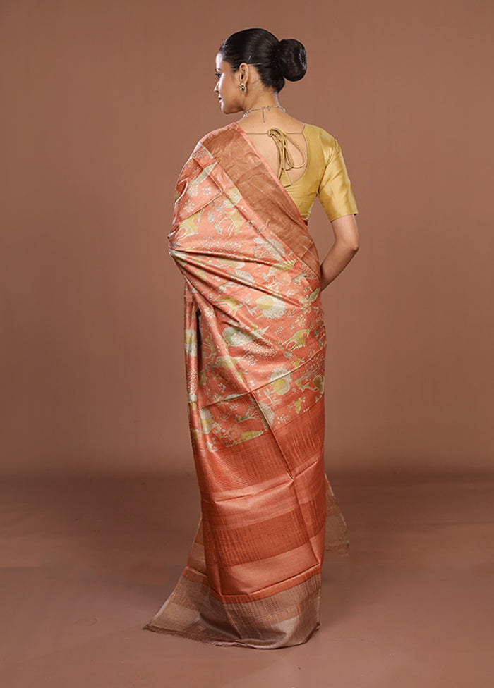 Pink Tussar Silk Saree With Blouse Piece