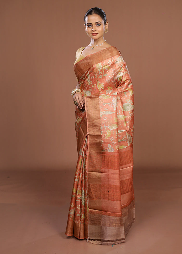 Pink Tussar Silk Saree With Blouse Piece