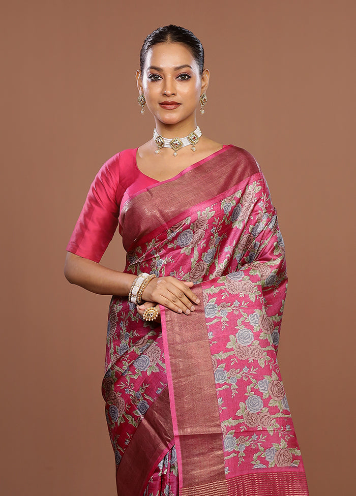 Pink Tussar Silk Saree With Blouse Piece