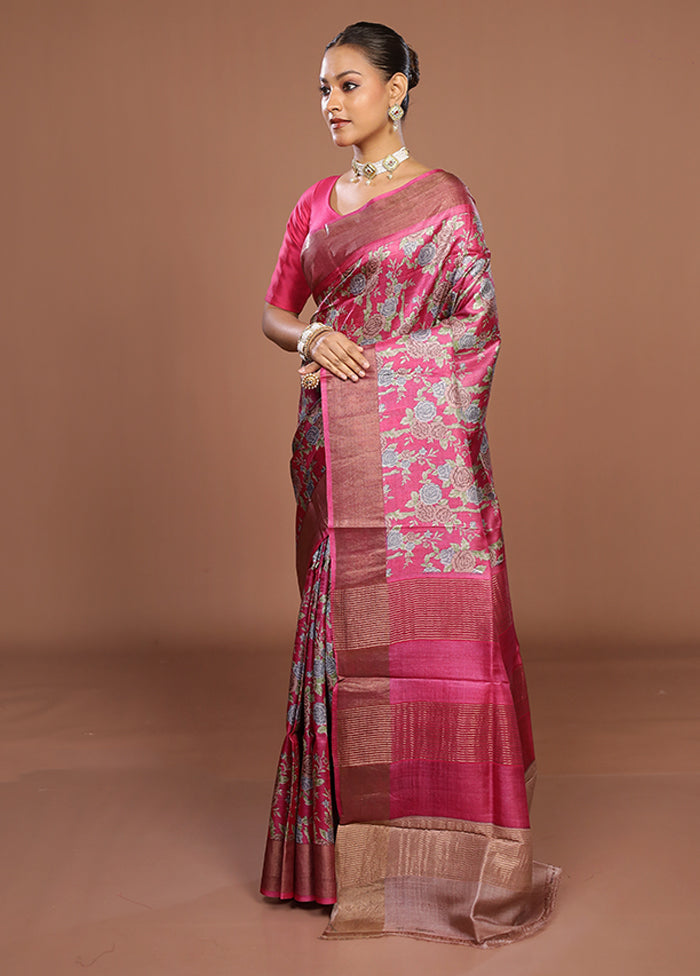 Pink Tussar Silk Saree With Blouse Piece