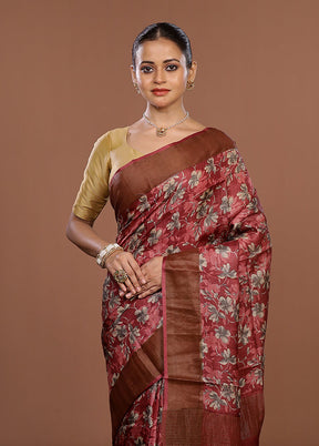 Pink Tussar Silk Saree With Blouse Piece