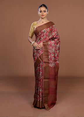 Pink Tussar Silk Saree With Blouse Piece