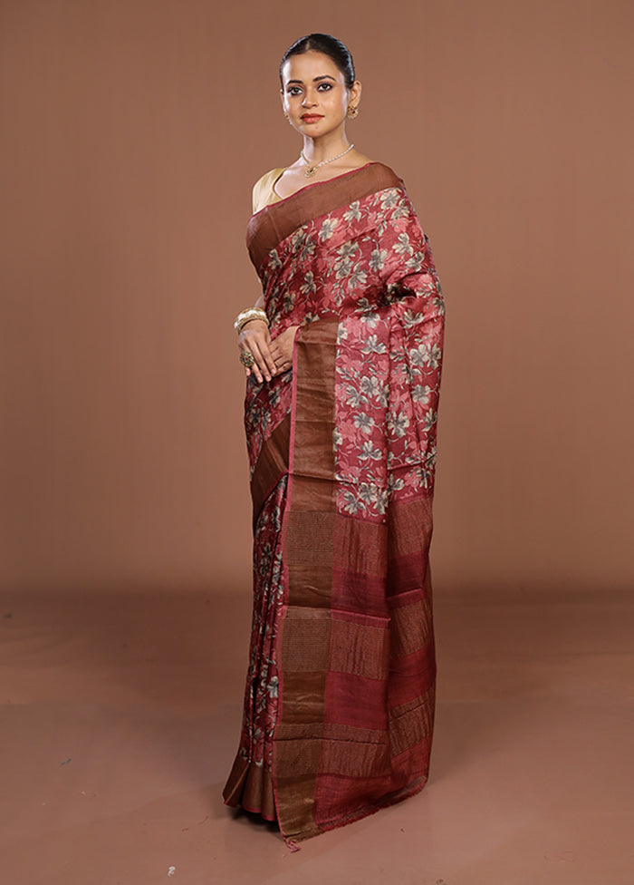 Pink Tussar Silk Saree With Blouse Piece