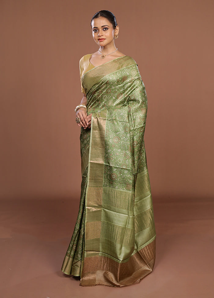 Green Tussar Silk Saree With Blouse Piece