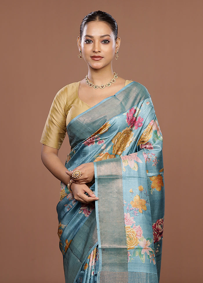 Blue Tussar Silk Saree With Blouse Piece