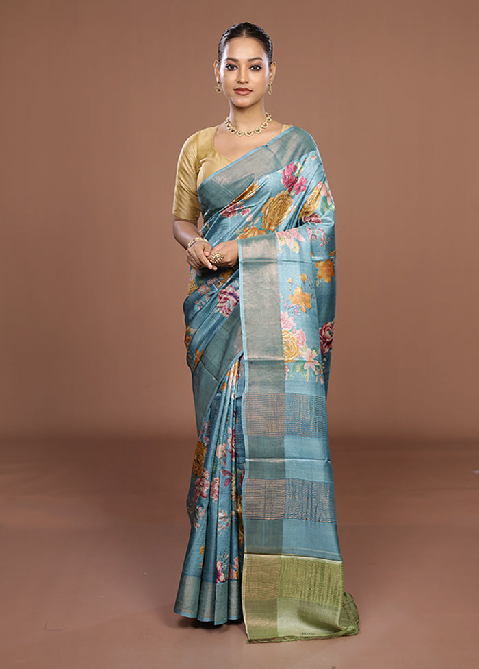 Blue Tussar Silk Saree With Blouse Piece