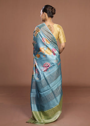 Blue Tussar Silk Saree With Blouse Piece