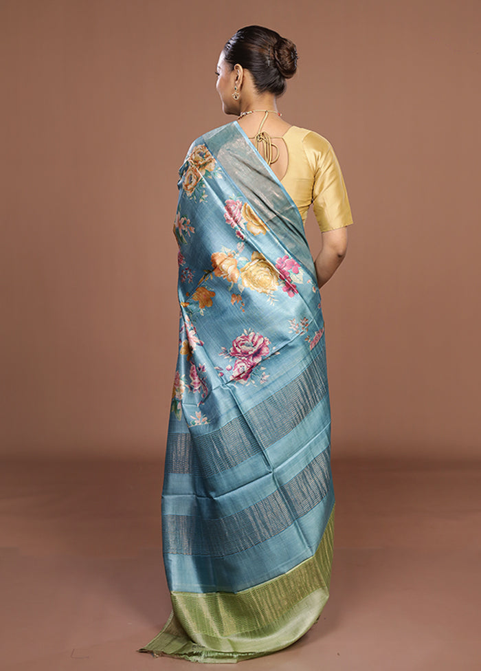 Blue Tussar Silk Saree With Blouse Piece