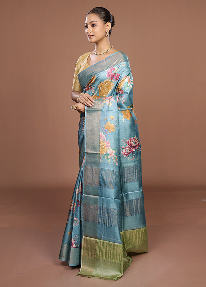 Blue Tussar Silk Saree With Blouse Piece