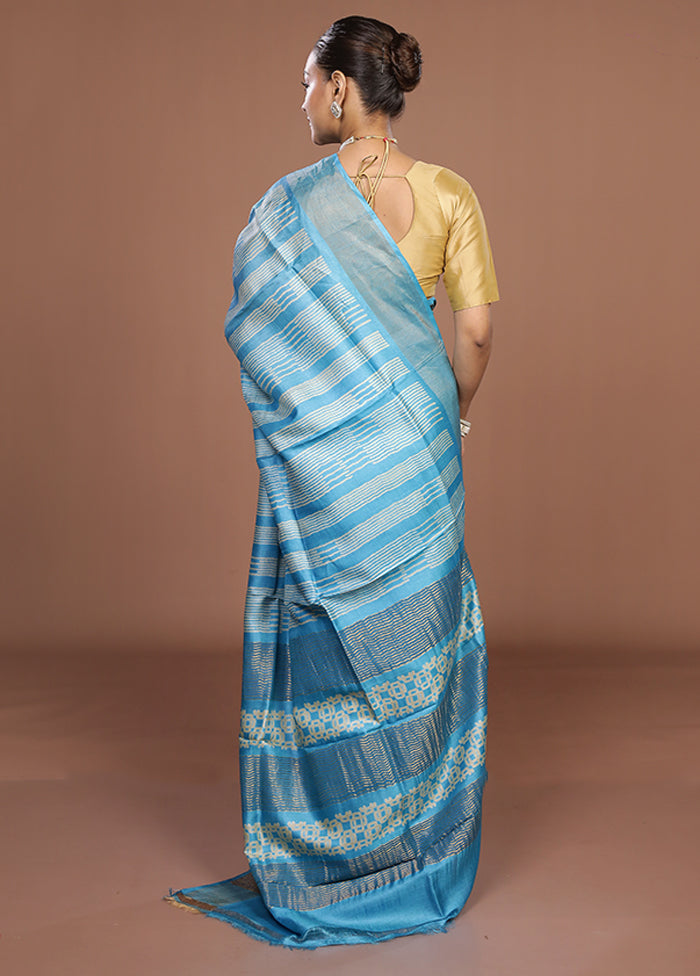 Blue Tussar Silk Saree With Blouse Piece