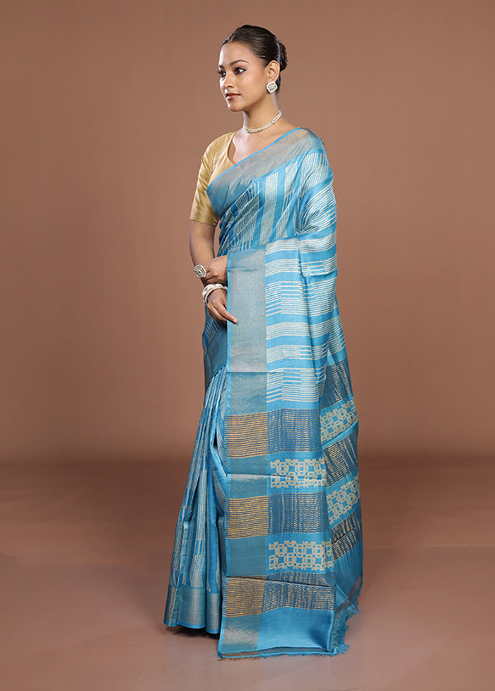 Blue Tussar Silk Saree With Blouse Piece