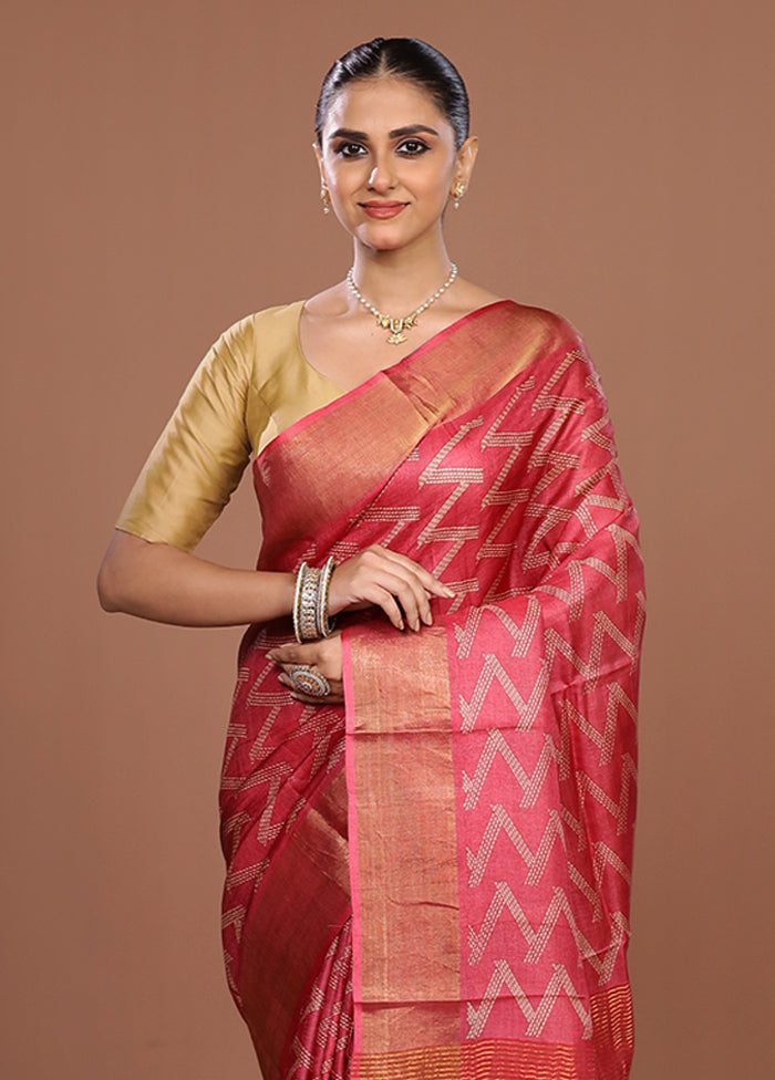 Red Tussar Silk Saree With Blouse Piece