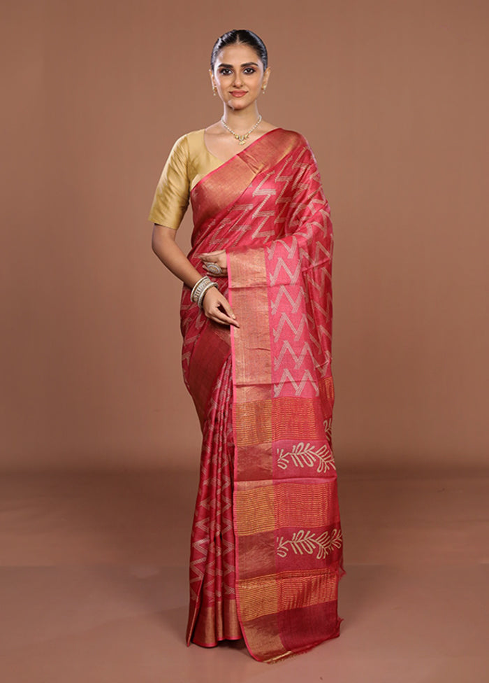 Red Tussar Silk Saree With Blouse Piece