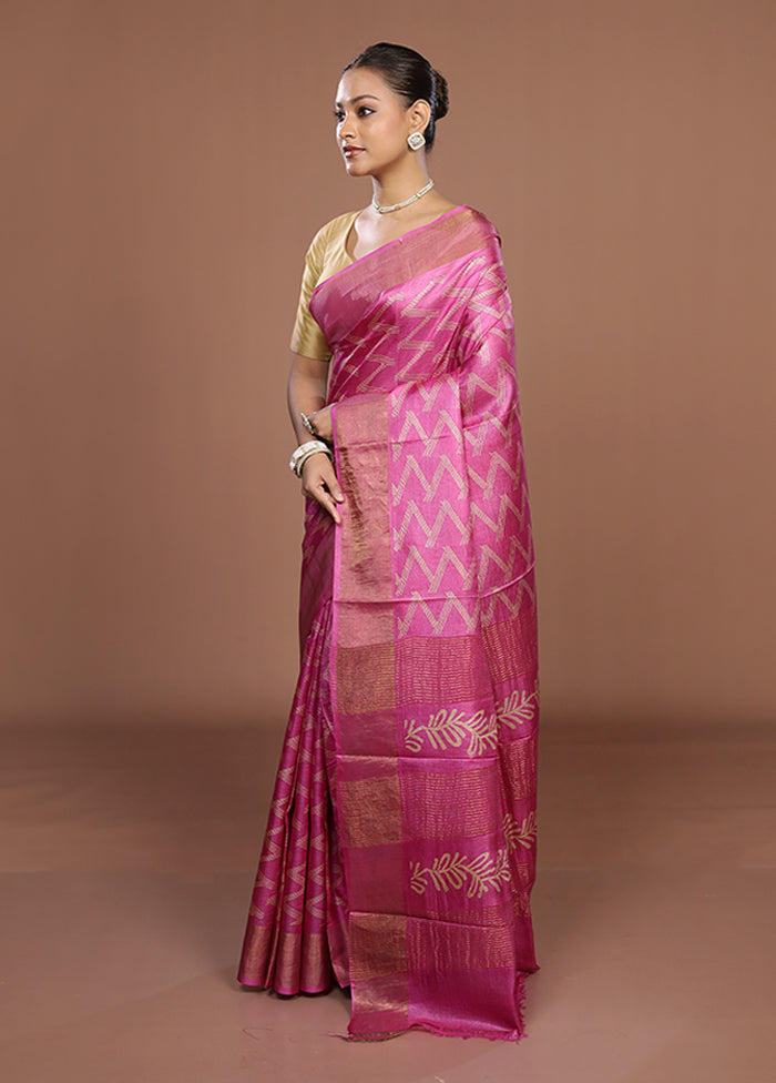 Pink Tussar Silk Saree With Blouse Piece