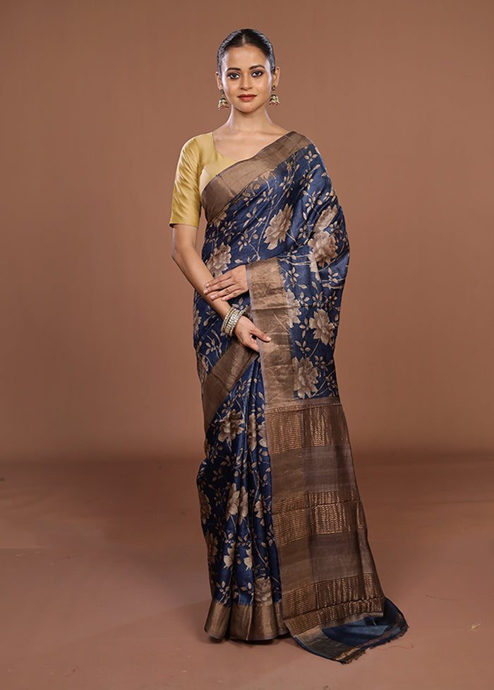 Blue Tussar Silk Saree With Blouse Piece