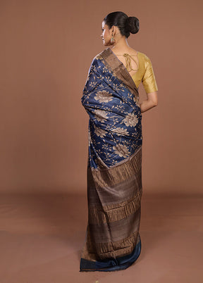 Blue Tussar Silk Saree With Blouse Piece