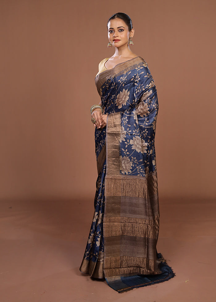 Blue Tussar Silk Saree With Blouse Piece