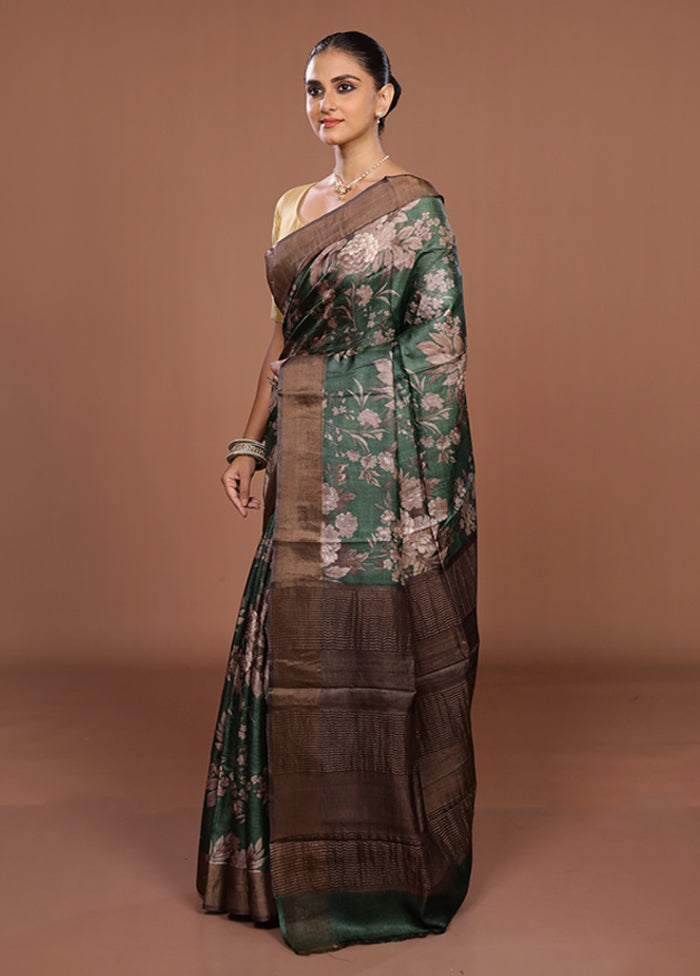 Green Tussar Silk Saree With Blouse Piece