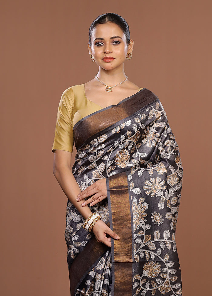 Grey Tussar Silk Saree With Blouse Piece