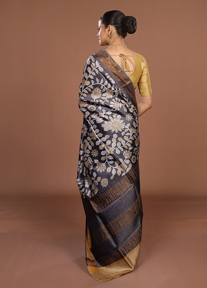 Grey Tussar Silk Saree With Blouse Piece