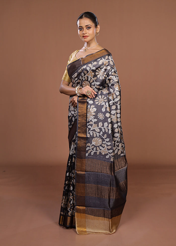 Grey Tussar Silk Saree With Blouse Piece