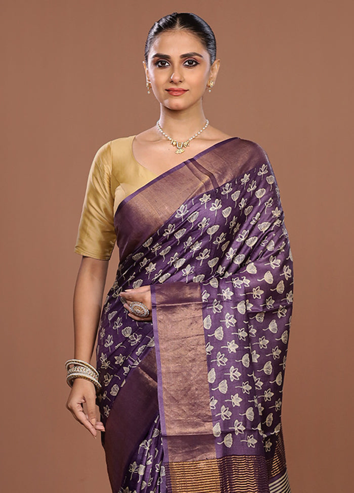 Purple Tussar Silk Saree With Blouse Piece
