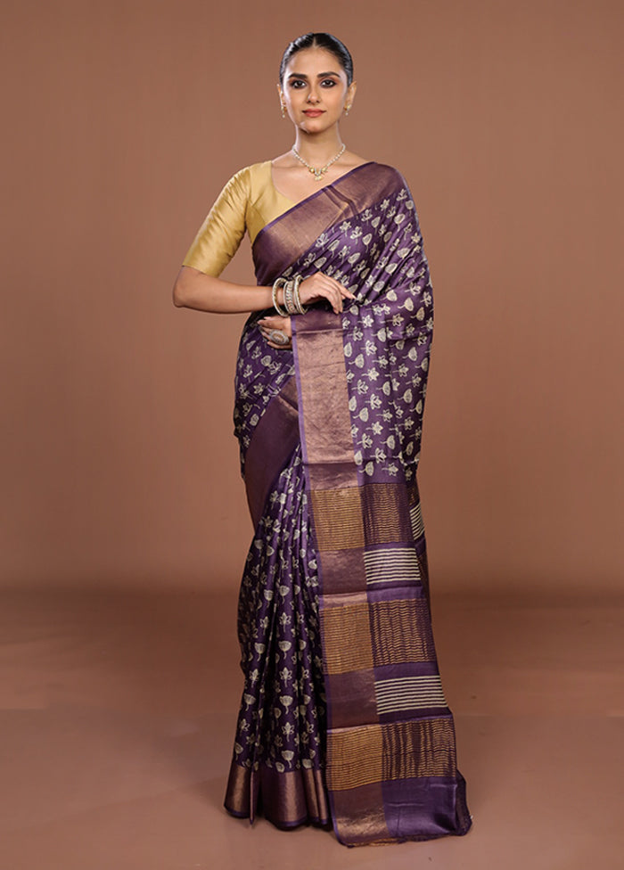 Purple Tussar Silk Saree With Blouse Piece