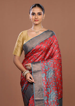 Red Tussar Silk Saree With Blouse Piece