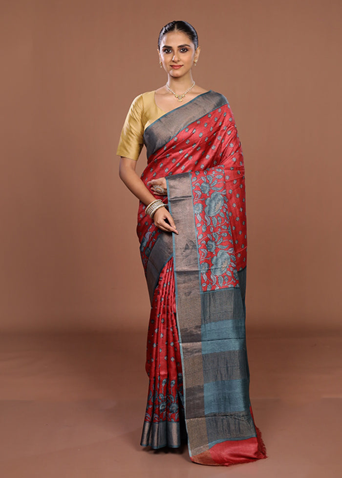Red Tussar Silk Saree With Blouse Piece