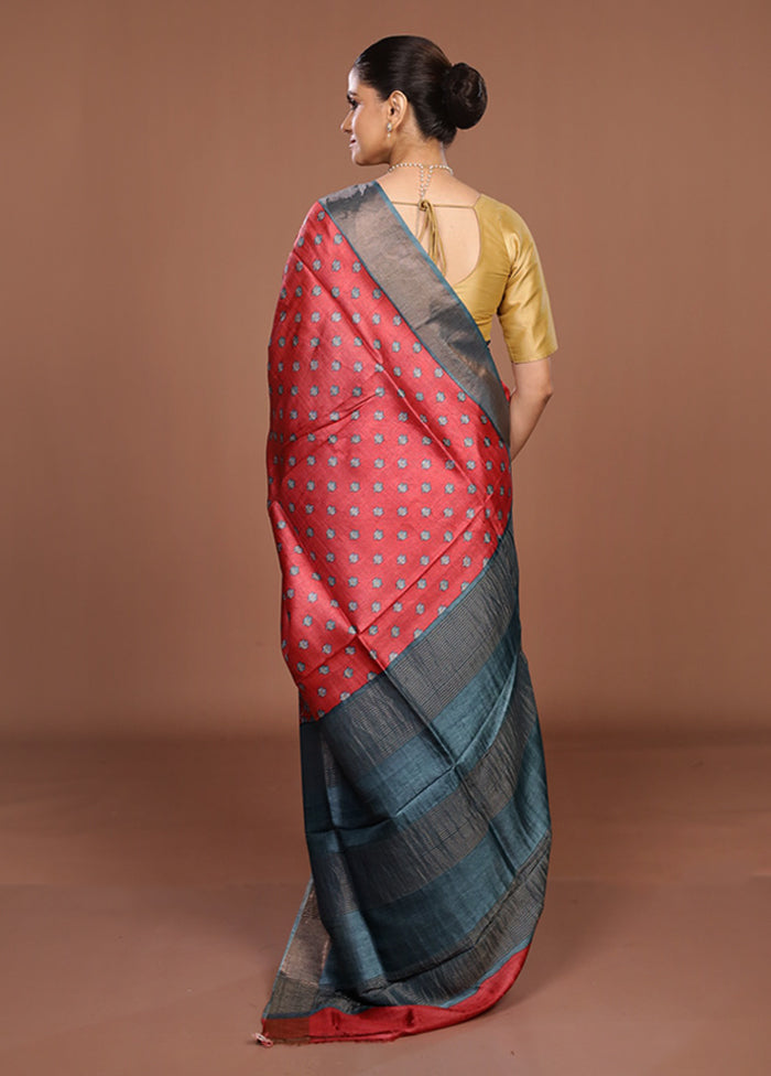 Red Tussar Silk Saree With Blouse Piece