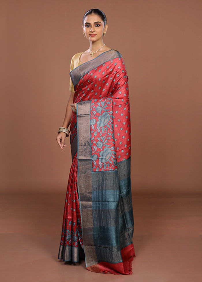 Red Tussar Silk Saree With Blouse Piece
