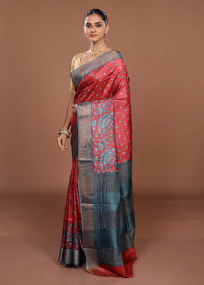 Red Tussar Silk Saree With Blouse Piece