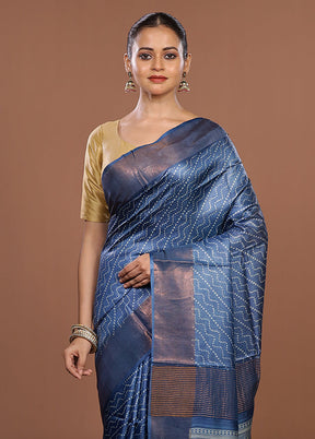 Blue Tussar Silk Saree With Blouse Piece
