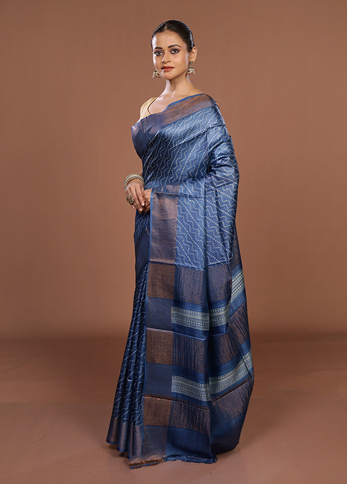 Blue Tussar Silk Saree With Blouse Piece