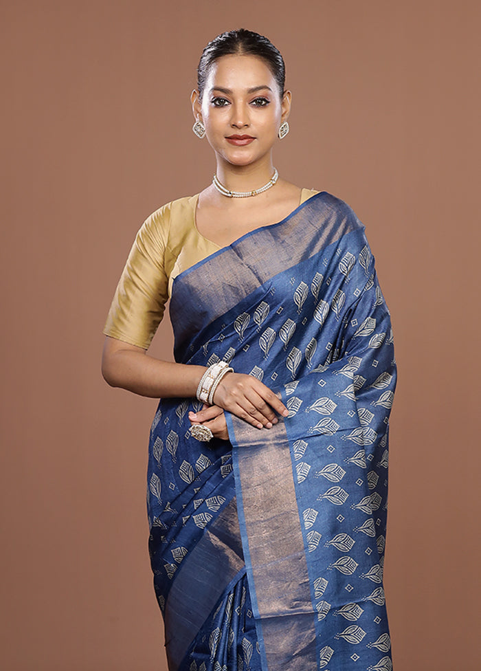 Blue Tussar Silk Saree With Blouse Piece