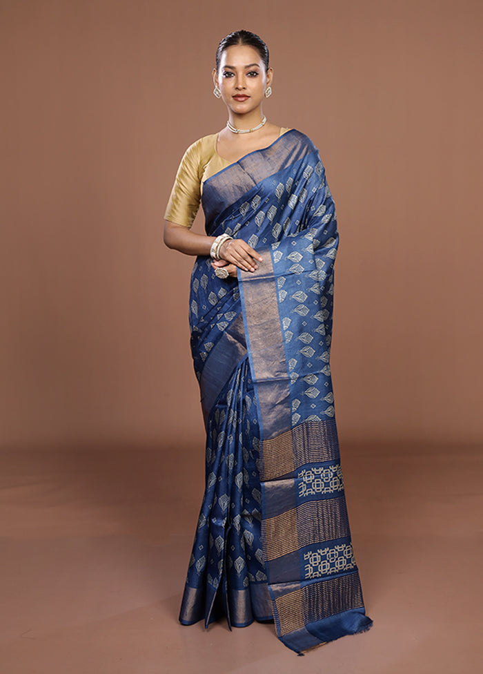 Blue Tussar Silk Saree With Blouse Piece